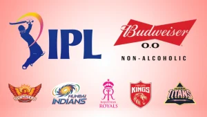 IPL logo with Budweiser 0.0 branding alongside team logos of Mumbai Indians, Gujarat Titans, Punjab Kings, Rajasthan Royals and Sunrisers Hyderabad indicating sponsorship association
