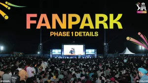 IPL Fan Park Phase 1 event with large crowd watching live cricket match on big screen at night