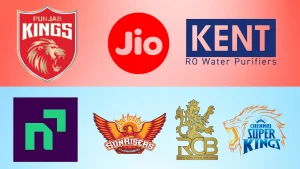 Logos of IPL teams Punjab Kings, Sunrisers Hyderabad, Royal Challengers Bangalore RCB, Chennai Super Kings CSK alongside sponsors Jio, Kent RO, and Navi brands displayed in collage