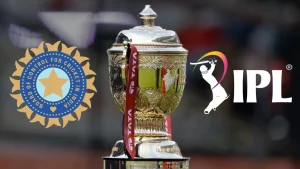 IPL trophy displayed with the BCCI logo and Indian Premier League (IPL) logo representing India’s premier T20 cricket tournament.