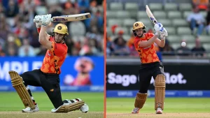 Jacob Bethell and Ellyse Perry batting for Birmingham Phoenix during The Hundred cricket match.