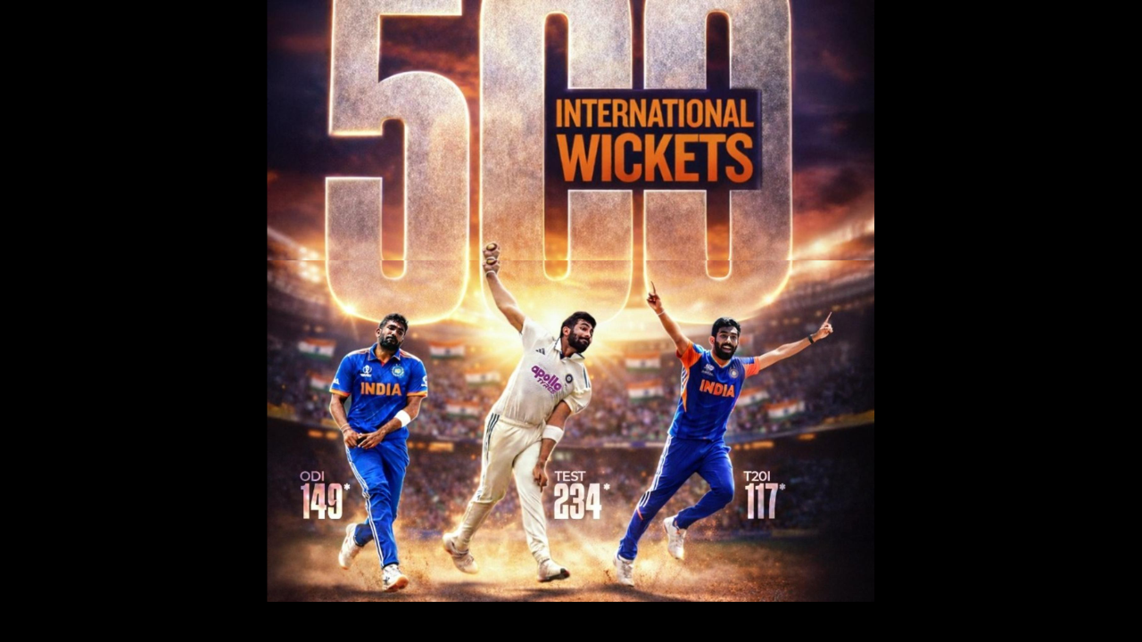 India fast bowler Jasprit Bumrah celebrating 500 international wickets milestone with breakdown of ODI, Test, and T20I wickets in international cricket.