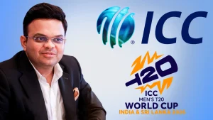 Jay Shah with ICC logo and ICC Men’s T20 World Cup 2026 India and Sri Lanka tournament logo.