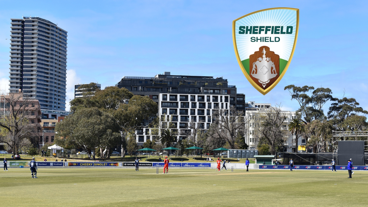 Junction Oval cricket ground in Melbourne with Sheffield Shield logo during an Australian domestic cricket match.