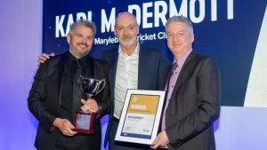 Karl McDermott receiving the Grounds Manager of the Year award at the Grounds Management Association (GMA) Industry Awards 2026.