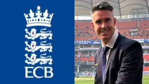 Kevin Pietersen with the England and Wales Cricket Board (ECB) logo representing England cricket.