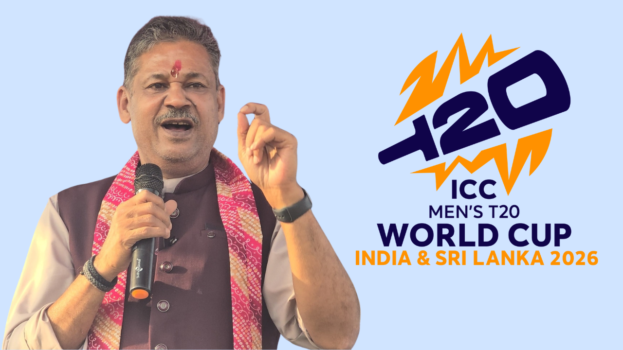 Kirti Azad speaking into a microphone alongside the ICC Men’s T20 World Cup 2026 India and Sri Lanka tournament logo.