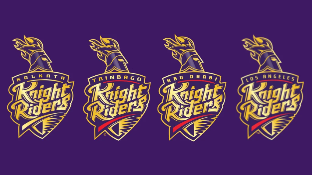 Logos of Kolkata Knight Riders, Trinbago Knight Riders, Abu Dhabi Knight Riders, and Los Angeles Knight Riders representing KKR’s global cricket franchise portfolio.