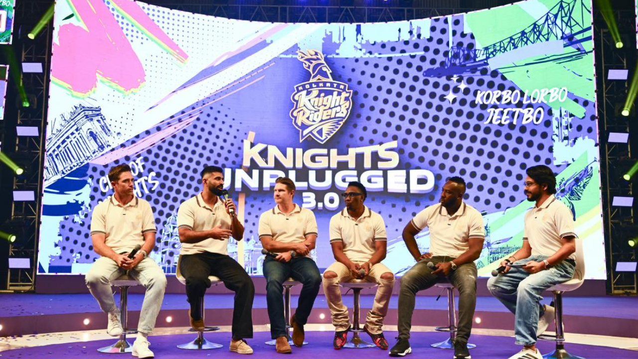 Tim Southee, Dwayne Bravo, Shane Watson and Andre Russell at Kolkata Knight Riders Knights Unplugged 3.0 event panel discussion on stage