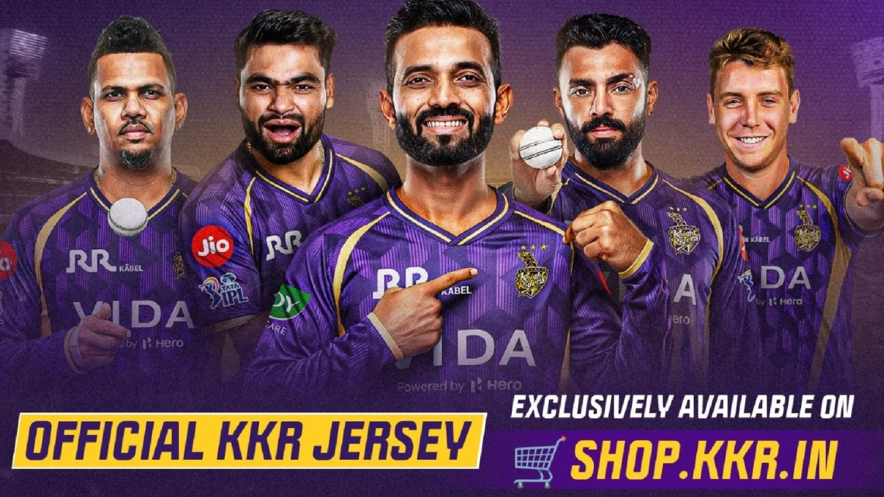 Kolkata Knight Riders players wearing the official purple KKR IPL jersey in a promotional team poster.