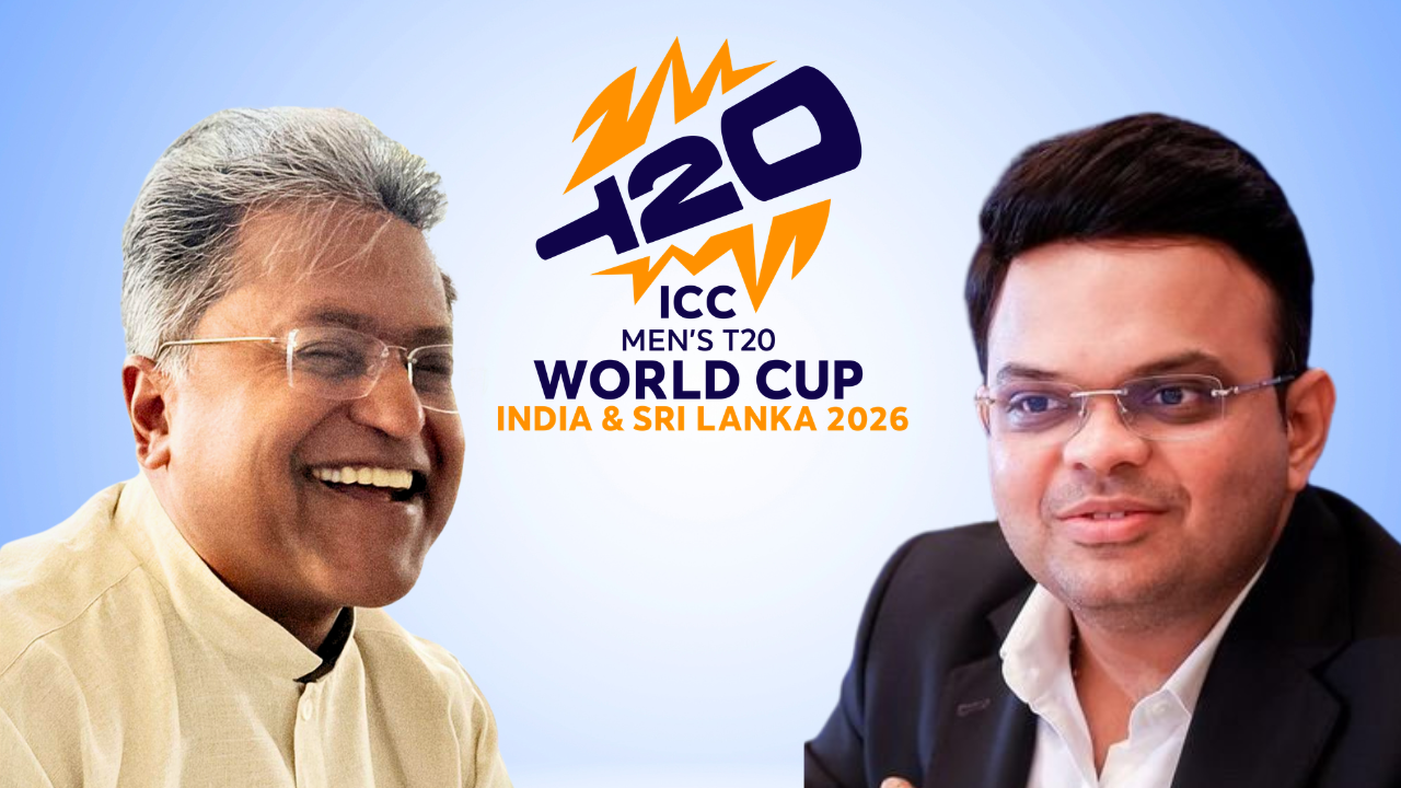 Lalit Modi and Jay Shah alongside the ICC Men’s T20 World Cup 2026 logo for the tournament to be hosted by India and Sri Lanka.