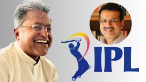 Lalit Modi and Sanjiv Goenka portraits alongside IPL logo representing Indian Premier League leadership and ownership figures