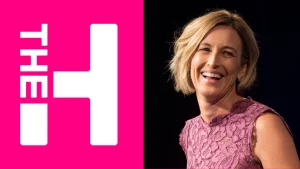 Lisa Keightley smiling alongside The Hundred logo on a pink background.