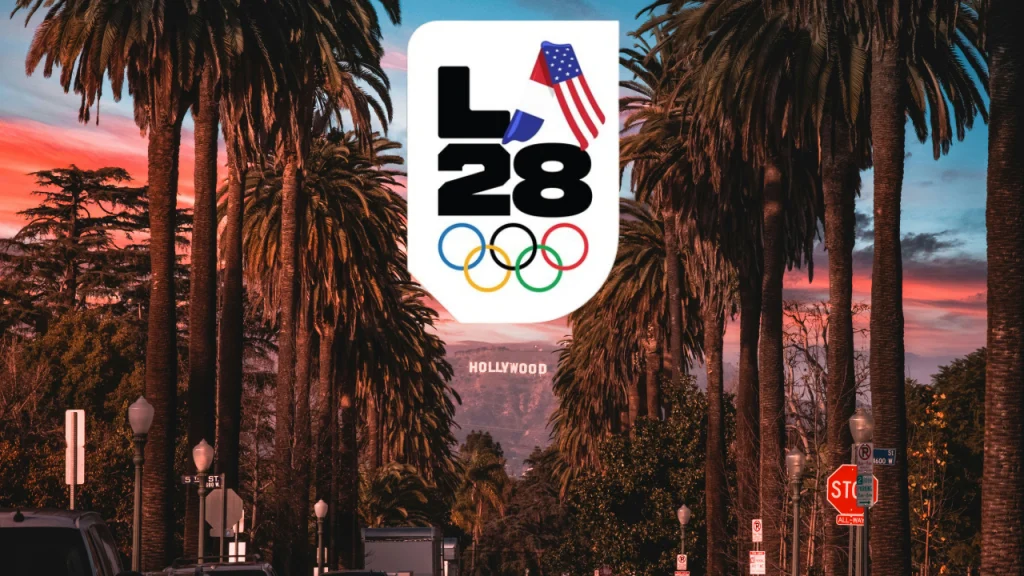 LA28 Olympics logo with Hollywood sign and palm trees representing Los Angeles 2028 Olympic Games.