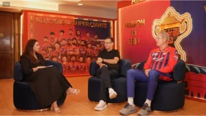 LSG owner Sanjiv Goenka speaking during IPL Today Live interview on JioStar with host and panel in Lucknow Super Giants themed studio
