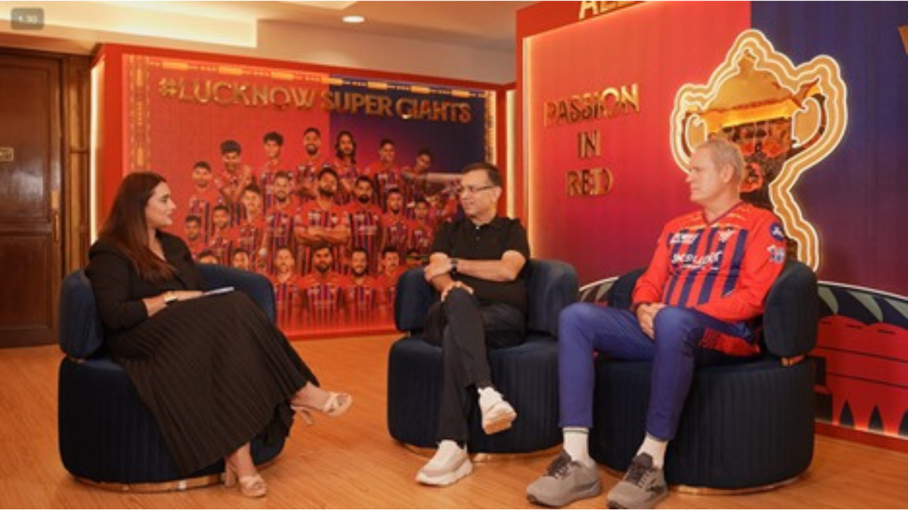 LSG owner Sanjiv Goenka speaking during IPL Today Live interview on JioStar with host and panel in Lucknow Super Giants themed studio