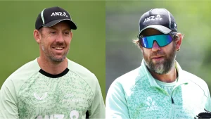 Former New Zealand cricketers Luke Ronchi and Jacob Oram during a Blackcaps training session wearing ANZ caps and training kits.