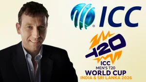 Michael Atherton alongside ICC and ICC Men’s T20 World Cup 2026 logos for the tournament hosted in India and Sri Lanka.