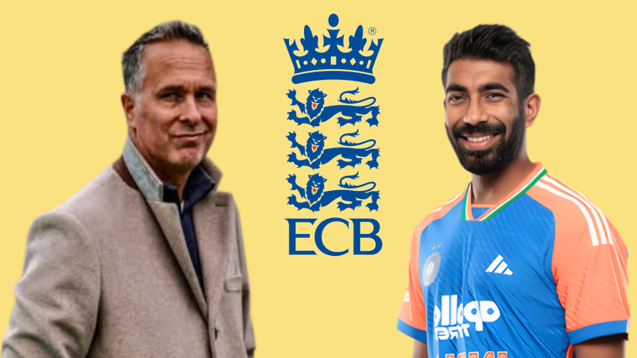 Michael Vaughan and Jasprit Bumrah with the ECB England and Wales Cricket Board logo in the center.