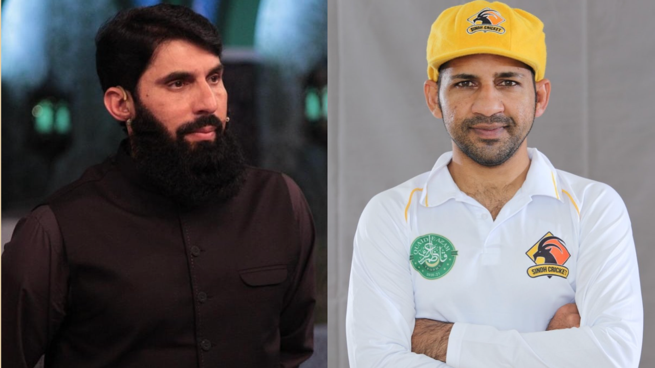 Side-by-side portraits of former Pakistan cricket captains Misbah-ul-Haq and Sarfaraz Ahmed.
