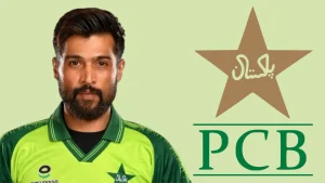 Mohammad Amir pictured alongside Pakistan Cricket Board (PCB) logo in Pakistan national cricket team context.
