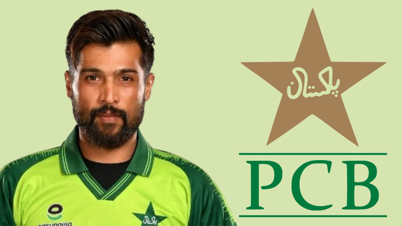Mohammad Amir pictured alongside Pakistan Cricket Board (PCB) logo in Pakistan national cricket team context.
