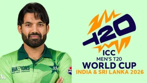 Pakistan wicketkeeper-batter Mohammad Rizwan alongside the ICC Men’s T20 World Cup 2026 logo.