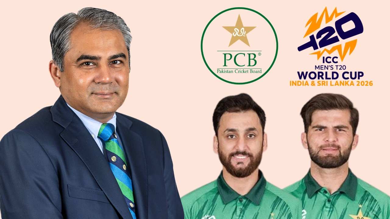 Mohsin Naqvi with Pakistan cricketers Salman Ali Agha and Shaheen Shah Afridi alongside PCB logo and ICC Men’s T20 World Cup 2026 logo.