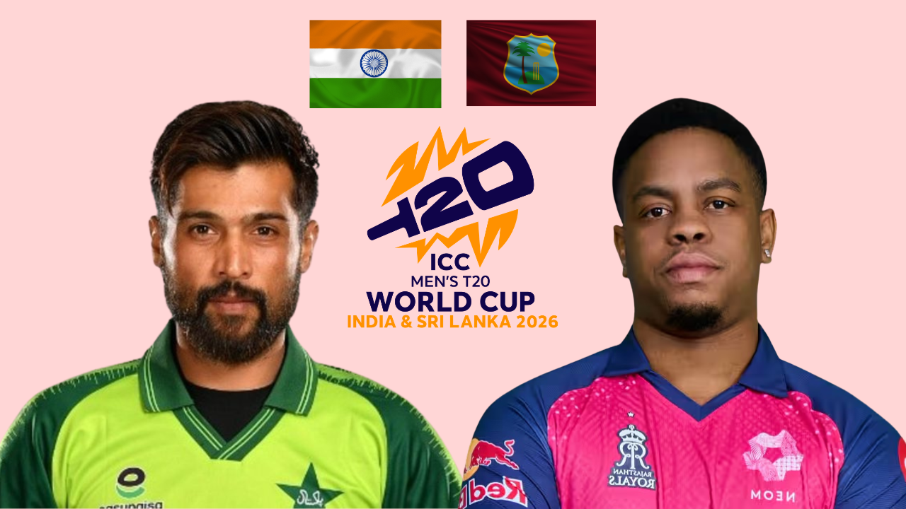 Muhammad Amir and Shimron Hetmyer featured with ICC Men’s T20 World Cup 2026 logo and India and West Indies flags graphic.