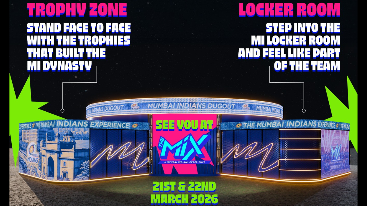Mumbai Indians Experience “The MIX” event preview showing Trophy Zone and MI Locker Room fan experience areas, scheduled for 21–22 March 2026.
