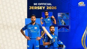 Mumbai Indians official 2026 IPL jersey featuring players wearing the blue MI kit with team logo and design details.