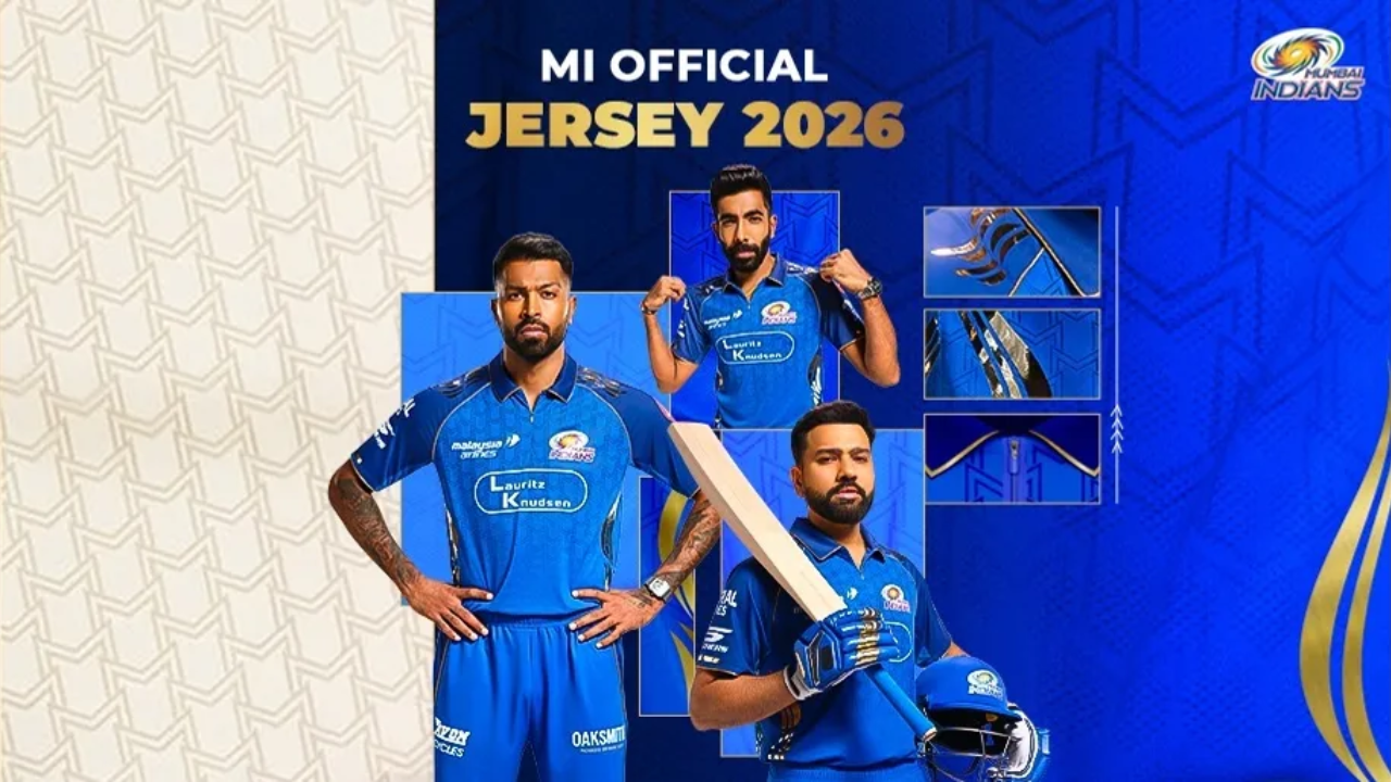 Mumbai Indians official 2026 IPL jersey featuring players wearing the blue MI kit with team logo and design details.