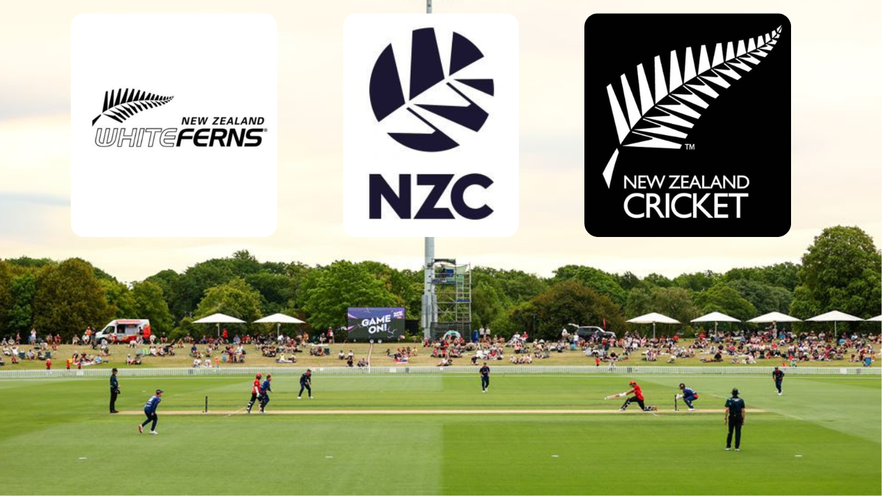 New Zealand cricket ground during a T20 match with NZC, Blackcaps and White Ferns logos displayed representing New Zealand Cricket teams