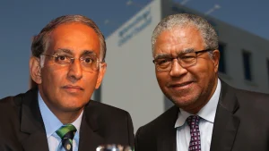 Norman Arendse and Haroon Lorgat pictured together with ICC headquarters building in the background.