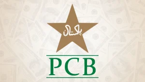 Pakistan Cricket Board (PCB) logo with star emblem over dollar currency background graphic.