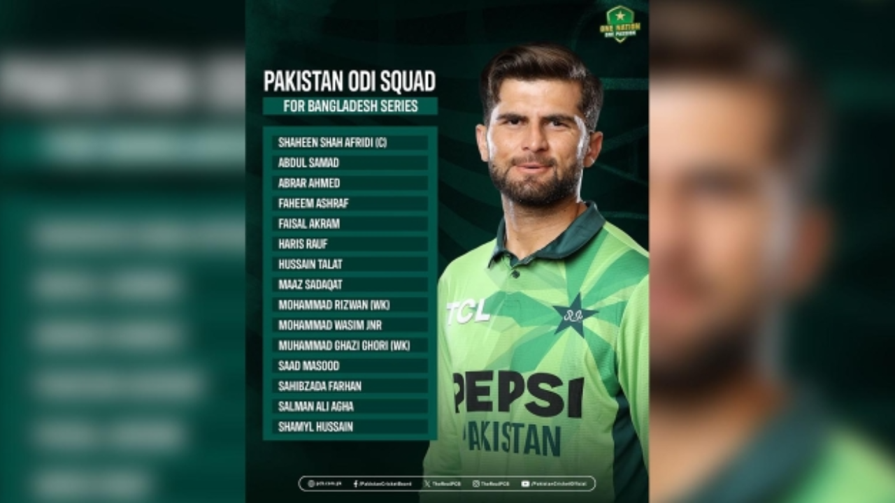 Pakistan ODI squad for the Bangladesh series featuring captain Shaheen Shah Afridi with players including Mohammad Rizwan, Haris Rauf, Salman Ali Agha and others listed.