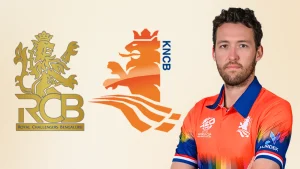 Paul van Meekeren Netherlands cricketer with RCB Royal Challengers Bangalore and KNCB Netherlands cricket board logos
