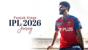 Punjab Kings IPL 2026 jersey featuring a player wearing the red and blue PBKS kit inside a cricket stadium.