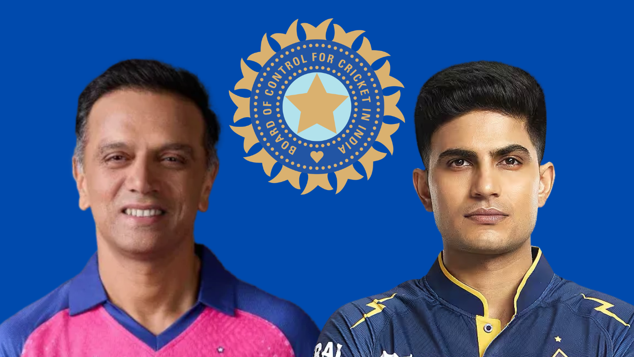 Rahul Dravid and Shubman Gill with the BCCI logo on a blue background representing Indian cricket.