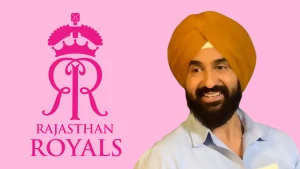 Raj Kundra smiling in turban next to Rajasthan Royals logo, IPL team branding image