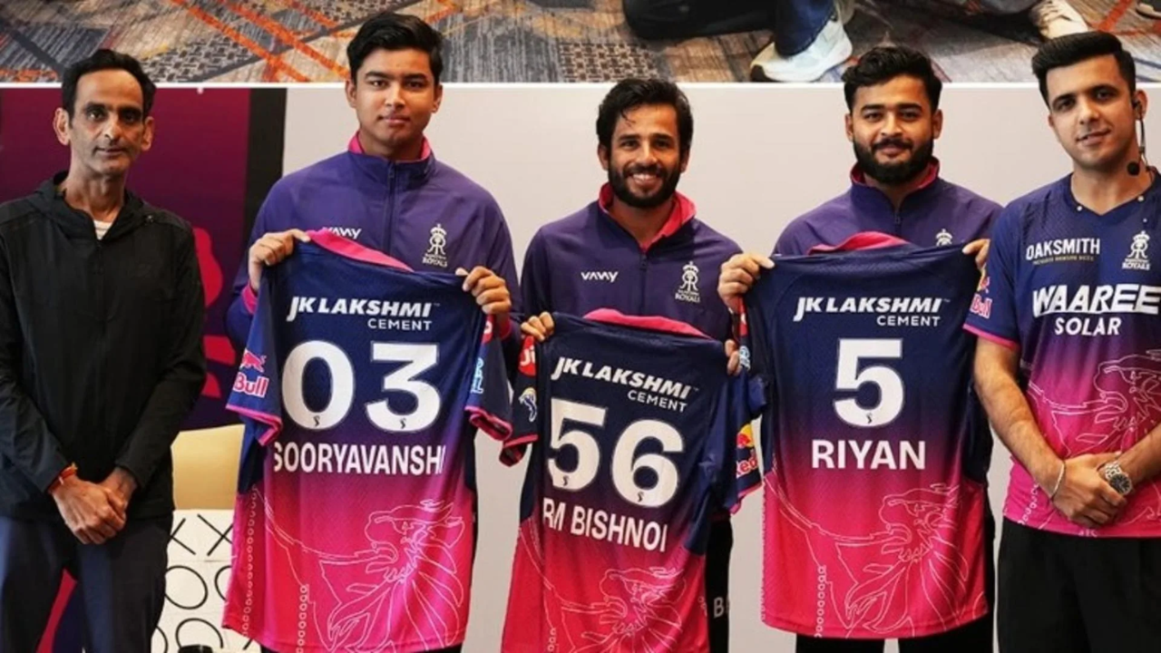 Rajasthan Royals players unveil jerseys featuring Sooryavanshi, Ravi Bishnoi and Riyan Parag during team presentation event