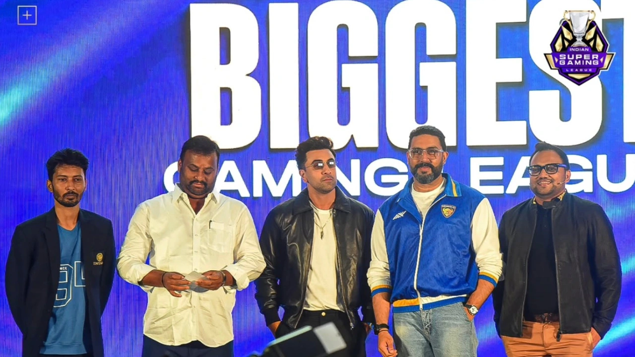 Ranbir Kapoor and Abhishek Bachchan at the launch event of the Indian Super Gaming League in Mumbai.