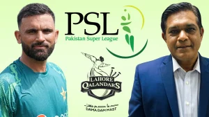 Rashid Latif and Fakhar Zaman with PSL and Lahore Qalandars logos highlighting Pakistan Super League team discussion