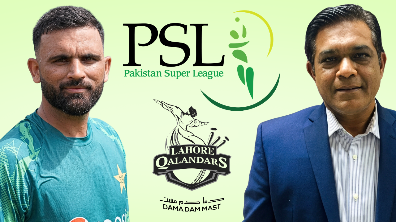Rashid Latif and Fakhar Zaman with PSL and Lahore Qalandars logos highlighting Pakistan Super League team discussion