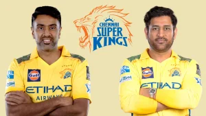 Ravi Ashwin and MS Dhoni in Chennai Super Kings jerseys with CSK team logo displayed between them on a beige background