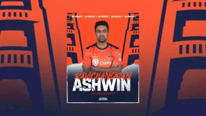 Ravichandran Ashwin in San Francisco Unicorns jersey promotional graphic for Major League Cricket signing announcement