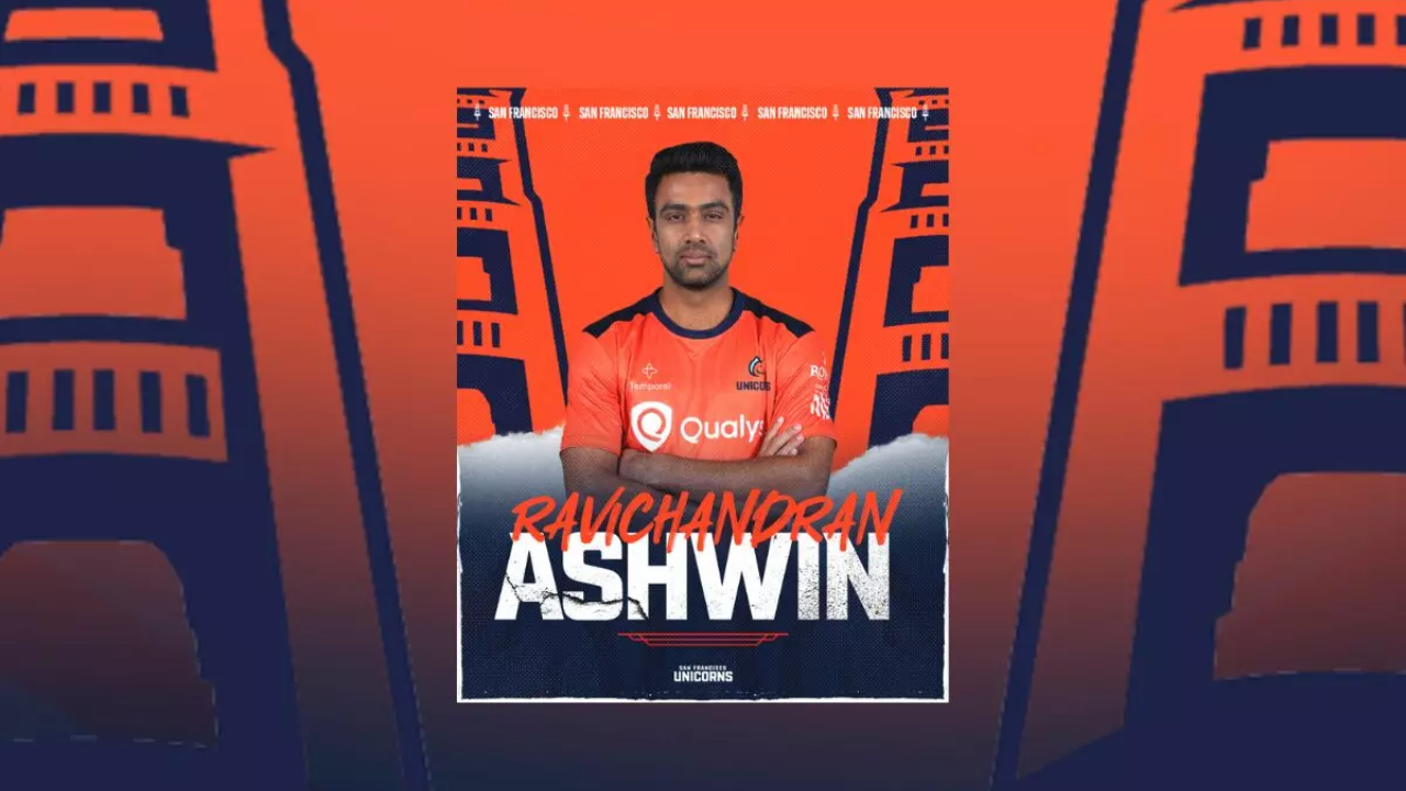 Ravichandran Ashwin in San Francisco Unicorns jersey promotional graphic for Major League Cricket signing announcement