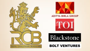 Royal Challengers Bengaluru RCB logo alongside Aditya Birla Group, Times of India TOI, Blackstone and Bolt Ventures logos representing corporate and IPL franchise associations