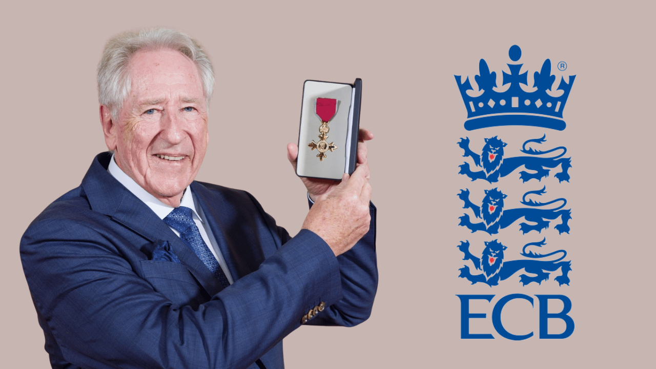Hampshire chairman Rod Bransgrove holding honorary medal alongside England and Wales Cricket Board (ECB) logo.