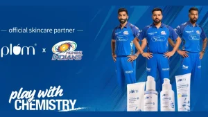 Rohit Sharma, Jasprit Bumrah and Hardik Pandya in Mumbai Indians jerseys during Plum skincare partnership promotional campaign with Mumbai Indians.